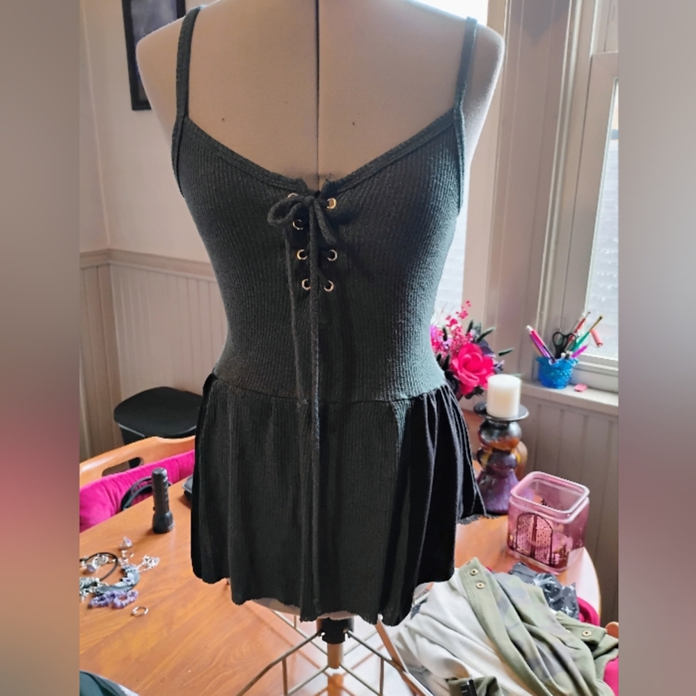 Dark Teal And Black Lace-Up Peplum DIY Top